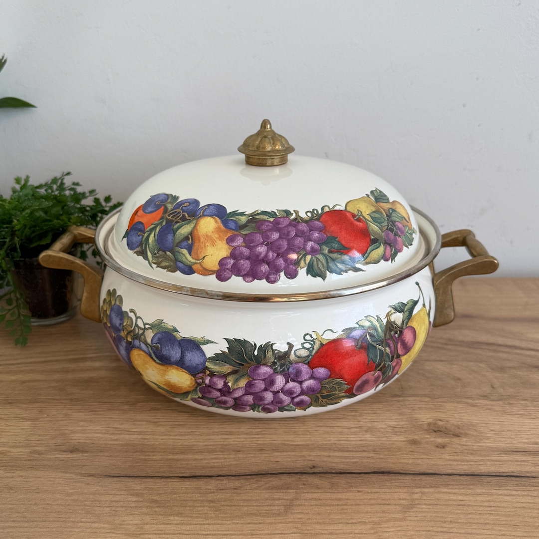 Vintage Enamel Dutch Oven | Lincoware Cornucopia Pot | Fruit Design ...
