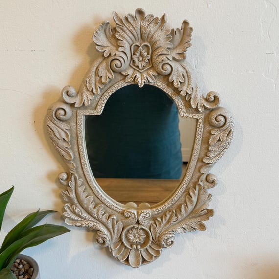 Vintage Wall Mirror | Ornate Wood Mirror Decor | Crackle Frame Mirror | French Country Accent | Shabby Chic Wall Mirror