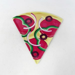 May include: A yellow, red, and green pizza slice shaped plate with a graphic of a pizza with pepperoni, green peppers, and onions.