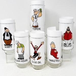 Popeye Drinking Glasses - YOU PICK - Popeye, Wimpy, Rough House, Olive Oyl, Swee&#39;Pea, Brutus - 1975