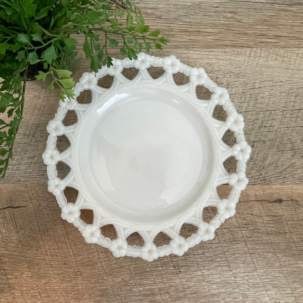 Milk Glass Plate - Lace Edge - Ring of Fire - Dessert Plate - Vanity Tray - Decorative Plate