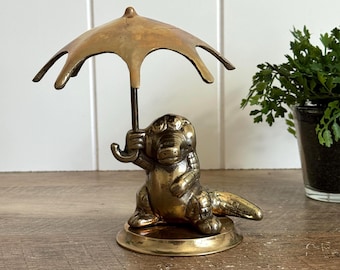 Vintage Brass Alligator | Umbrella Figurine | Whimsical Crocodile Statue | Mid Century Decor | Boho Shelf Decor | Brass Animal Sculpture