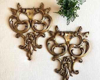 Vintage Gold Wooden Syroco Wall Decor Pair | Hollywood Regency Rococo Scroll Wood Art | Ornate Architectural French Style Wall Hangings