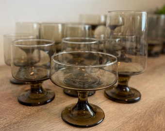 Libbey Tawny Glasses - MCM Smoke Glass Stemware - Mid-Century - Lowballs - Wine Glasses - Champagne - Cups - Goblets - Smoke Brown - Vintage