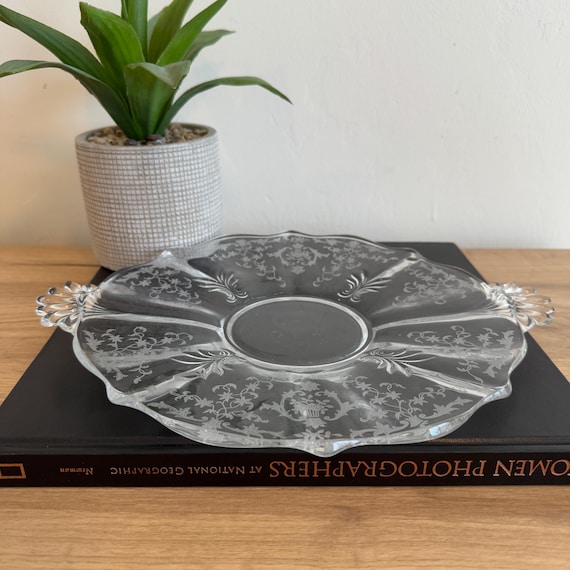 Fostoria Navarre Cake Plate | Vintage Etched Glass Serving Tray | Two Handled Baroque Platter | Wedding Decor | Elegant Centerpiece