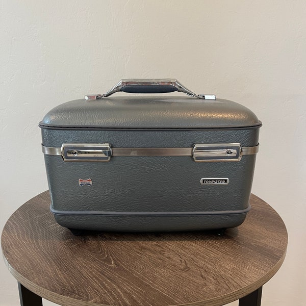 Vintage Train Case - American Tourister - Adjustable Mirror - Blue - Gray - Travel Case - Makeup Case - Vintage Suitcase - Vintage Luggage