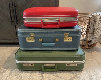 Vintage Suitcases - Samsonite - Bright Red - Green - Trojan - Blue - Suitcase - Vintage Luggage - Hard Shell Suitcase