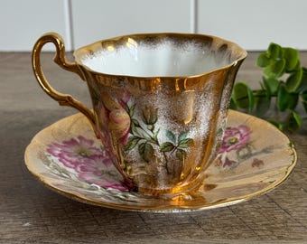 Adderley Floral Teacup | Bone China Teacup Saucer | Pink Floral Tea Set | Gold Gilded England China Tea Cup | English Cottage Decor