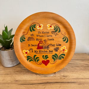 Vintage 1950s Wooden Plate Kitchen Decor  - Woodcraftery - Decorative Plate - Round Wall Hanging - Wall Art - Hand-Painted - Folk Art