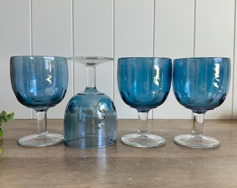 Vintage Blue Goblets | Bartlett Collins Thumbprint Glasses | Set Of 4 Water Goblets | Mid Century Barware | Retro Blue Glassware
