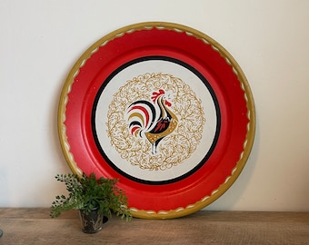 Large Vintage Rooster Tray - Wall Art - Farmhouse Decor -  LARGE 19" - Rustic Country Decor - Chicken - Rooster Decor -  Round - Platter