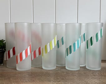 Libbey Tom Collins Glasses | Set Of 8 Vintage Striped Tumblers | Colorful Candy Stripe Drinking Glasses | Retro Barware Cocktail Glass Set