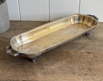 Vintage Silverplate Tray | Silver Over Brass Tray | Footed Vanity Tray | Ornate Handles | Patina Decor | Hollywood Regency