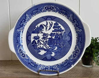 Vintage Royal China Willow Ware Handled Serving Plate or Cake Plate | Blue White Transferware Platter | English Cottage Farmhouse Wall Decor