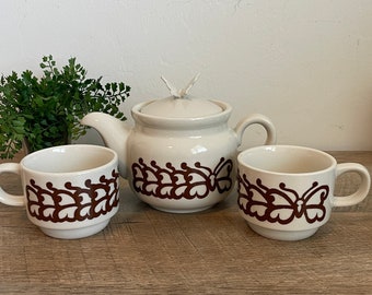 Vintage Butterfly Teapot and Mugs - Boho - Kitchen - Teapot - Stackable - Teacups - Ceramic - Retro - MCM - Tea Set