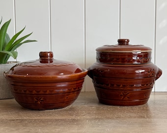 Vintage Marcrest Stoneware | CHOICE| Daisy Dot Brown Casserole Or Bean Pot | Lidded Ovenproof Pottery | Mid Century Rustic Farmhouse Kitchen