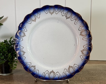 Antique Flow Blue Plate | Sterling China Dinner Plate | Cobalt Blue Gold Trim | Victorian Cottage Decor | Scalloped Edge