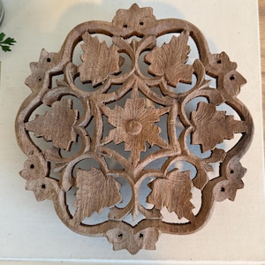 Vintage Hand Carved Wooden Trivet | Floral Leaf Pattern Boho Wall Decor | Rustic Farmhouse Kitchen Serving Accent
