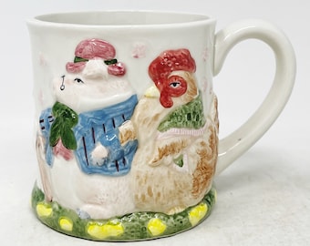 Fitz & Floyd Farm Mug - Pig - Chicken - Hand Painted - Japan - Vintage - 2 Available - Farm Mug - Embossed - 3D Mug - Farmhouse - Coffee Mug