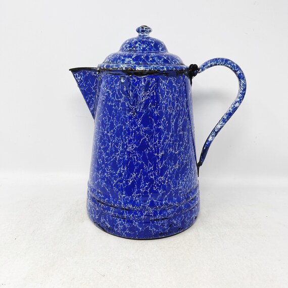 Cobalt Blue Coffee Pot Enamelware Graniteware Camping Coffee Pot Medium Mottled Blue and White Pitcher Vintage Etsy Canada