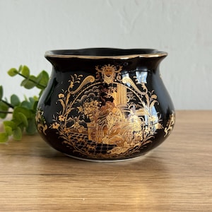 Vintage Limoges Style Vase | Black Gold Floral Urn Planter | Victorian Classical Decor | Hollywood Regency Vase | Ornate Display