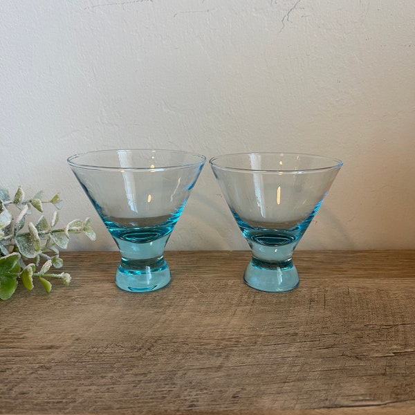 Aqua Blue Glass Stemless Martini Glasses - 4oz - Cordial Glasses -  Vintage - Liquor Glasses - Large Shot Glasses - Barware - Mid-Century