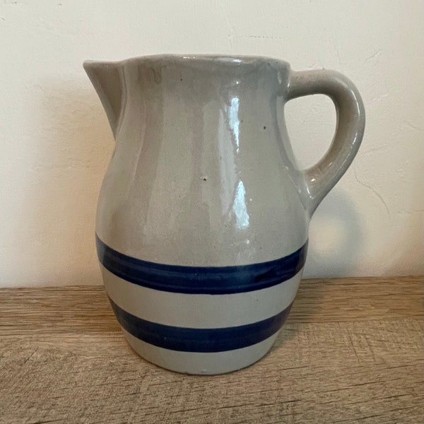 Vintage Pottery Pitcher - RRP - Unmarked Roseville Pottery - Crock - Gray with Blue Stripes - Country - Farmhouse - Stoneware - Vase
