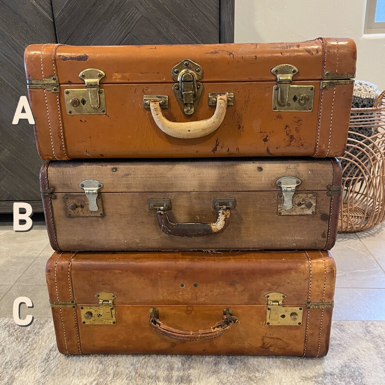 Vintage Suitcases YOU PICK Distressed Worn Brown 1940s 1960s Vintage Luggage Stacked Suitcases image 2