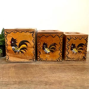 Woodpecker Wood Ware Canister Set | Hand Painted Rooster Boxes | Mid Century Japan Kitchen Decor | Farmhouse Storage | Cottagecore Decor