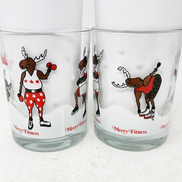 Merry Fitness Glasses - Set of 2 - Reindeer - Fitness - Christmas Glasses - Neiman Marcus - Juice - Rocks - Moose - Barware - VINTAGE