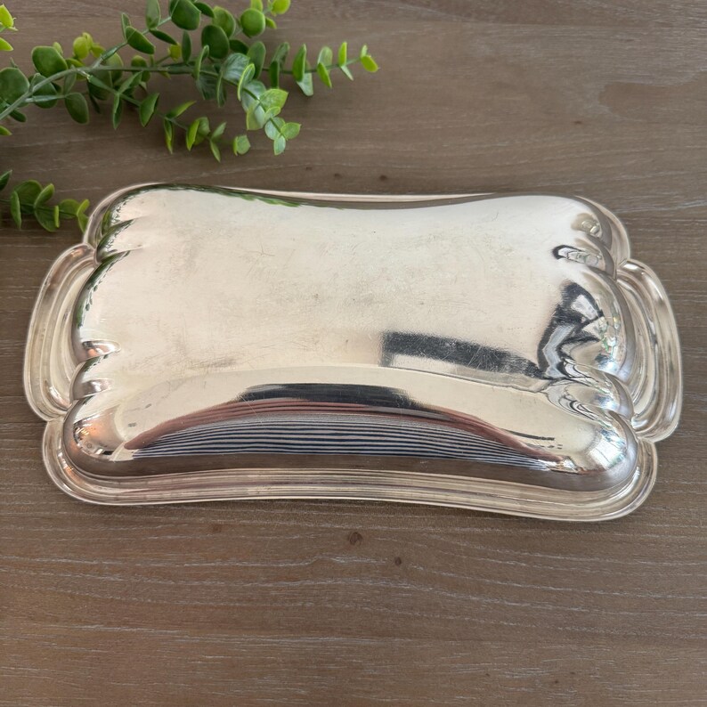 Op de afbeelding: Een rechthoekige, zilverkleurige serveerschaal met een geschulpte rand. De schaal heeft een reflecterend oppervlak en staat op een houten oppervlak. Groen is zichtbaar op de achtergrond.