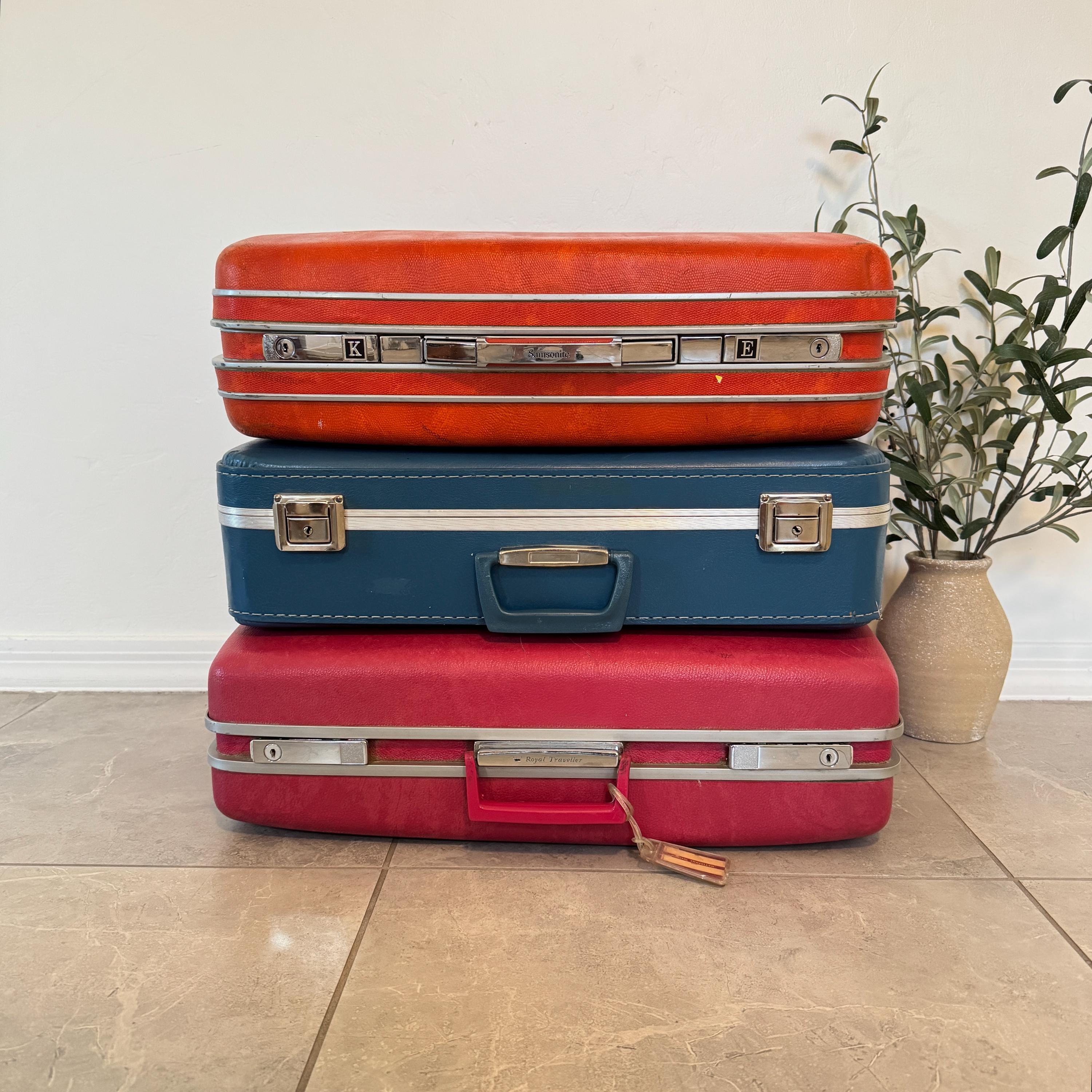 Vintage Luggage Suitcase CHOICE of Red, Blue, or Pink