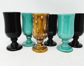 Vintage Stoneware Goblets - YOU PICK - Black - Aqua - Brown - Teal - Blue - Stoneware Wine Glasses - Mid Century - Glasses