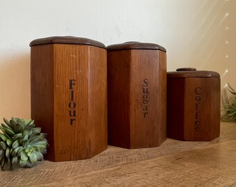 Vintage Wooden Canisters - YOU PICK - Plastic Inserts - Mid-Century - Flour, Sugar, Coffee - Octagon - Wood - Kitchen Canisters - Republic