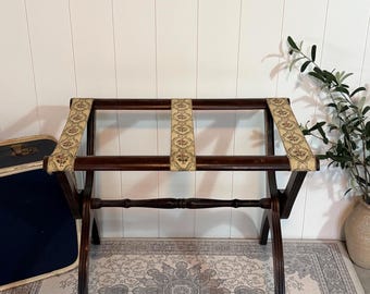 Vintage Luggage Rack | Folding Wood Suitcase Stand | Floral Tapestry Straps | Guest Room Decor | Cottagecore Bedroom | Grandmillennial