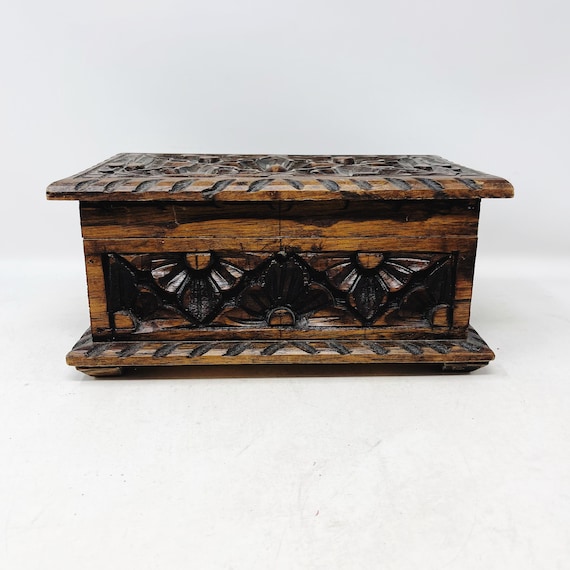 Hand Carved Flower Design Wooden Box with Hinged Lid - BlessedMart