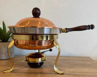 Vintage Copper Chafing Dish | Brass Stand with Wood Handle | Mid Century Warming Server | Buffet Entertaining Fondue Pot