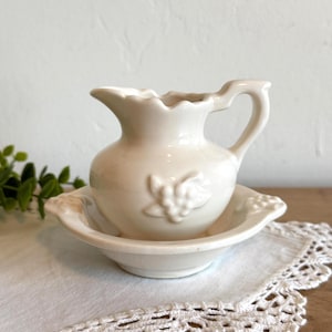 White Ceramic Creamer with Underplate | Embossed Grape Design | Antique Ironstone Style Farmhouse Kitchen Decor | Cottagecore