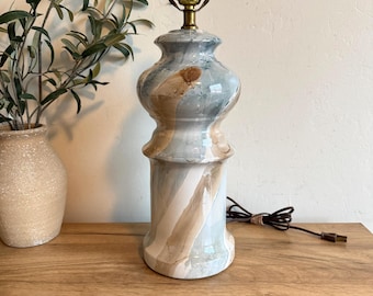 Vintage Marble Table Lamp | Blue Beige Swirl Ceramic Lamp | Coastal Modern Decor | Sculptural Mid Century Style Lighting Accent