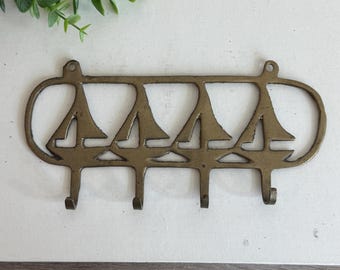 Vintage Brass Sailboat Key Holder | Nautical Key Rack | 4 Wall Hooks | Coastal Beach House Decor | Sailing Ship Entryway Organizer