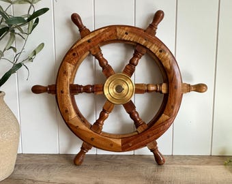 Vintage Ship Wheel | 18 Inch Wood Helm | Brass Hub Nautical Decor | Coastal Wall Decor | Maritime Decor | Lake House Beach House Decor