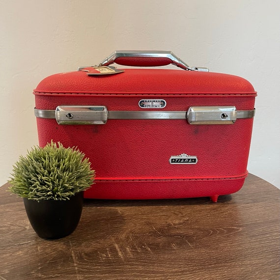 1950s Vintage Travins Red Round Travel Train Suitcase or Hat Box