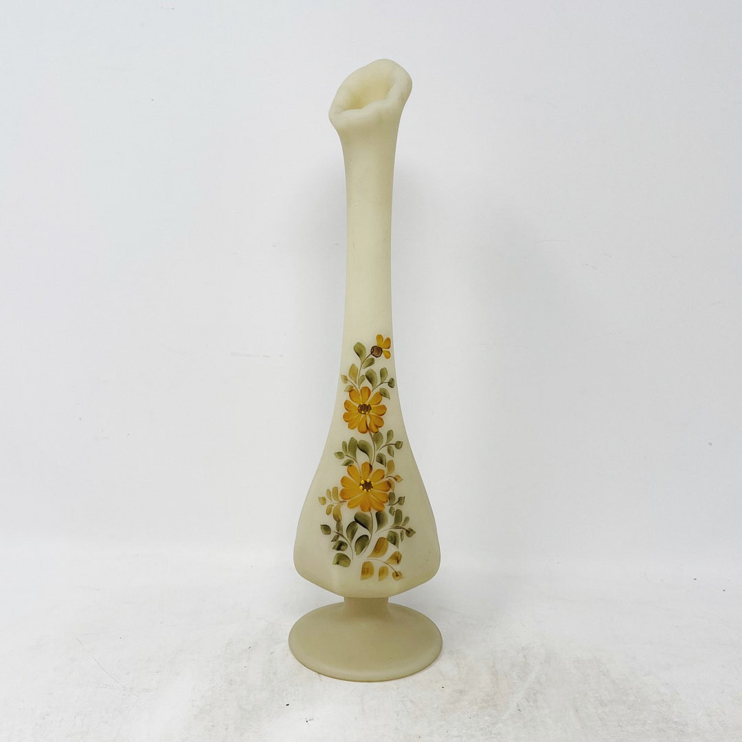 Fenton Swung Vase Handpainted Custard Glass Swung Vase Sunflowers 11 1/4 Tall Pedestal Footed