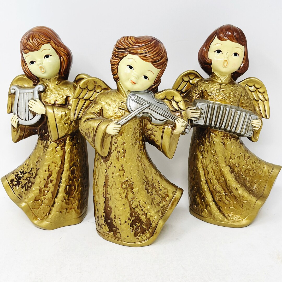 Gold Angel Figurines VINTAGE MCM Mid Century Angel Trio Christmas 8
