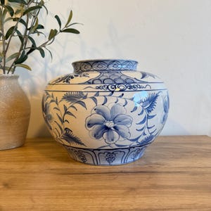 Vintage Chinoiserie Vase | Wide Blue and White Floral Pottery | Coastal Style Vase | Hand Painted Ceramic | Grandmillennial Decor