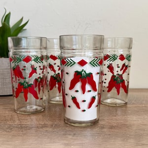 Vintage Red Chili Pepper Glasses - Set of 4 - Anchor Hocking - Drinking Glass - Tumblers - Southwest - Barware - Vintage