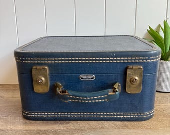 Vintage Train Case Suitcase | American Tourister Blue Luggage | Mid Century Travel Case | Storage Display Box | Film Prop Decor