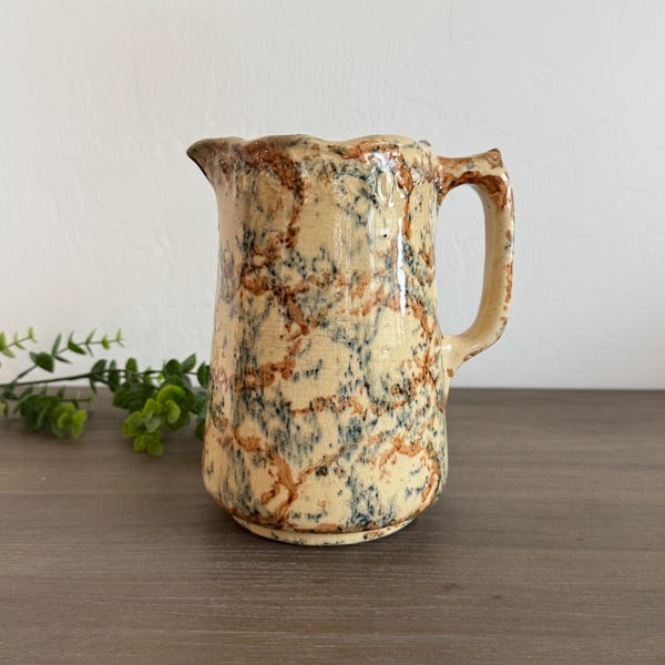Antique Yellowware Pitcher | 1800s Mocha Glaze Pitcher | Primitive Stoneware Jug | Farmhouse Kitchen Decor | Rustic Antique Pitcher
