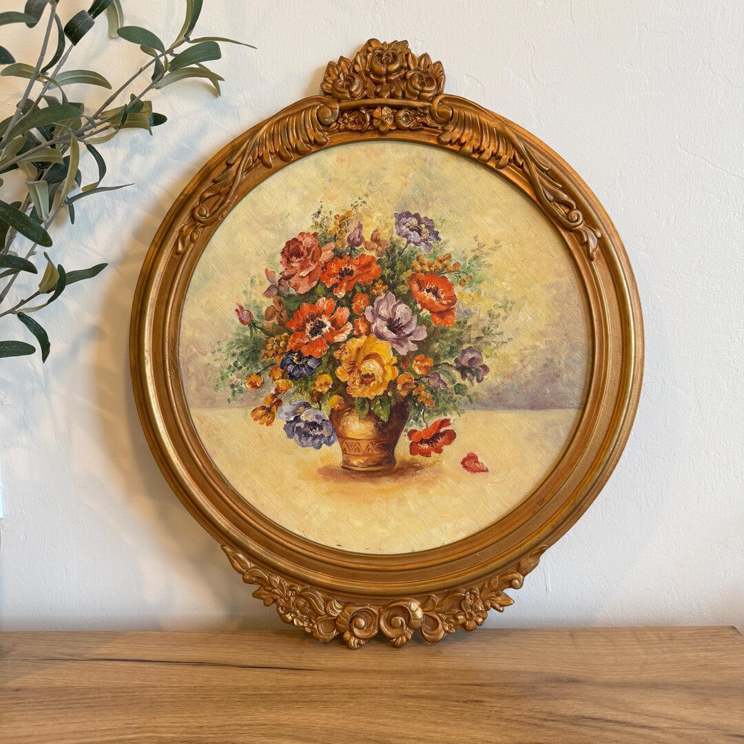 Vintage Oval Floral Oil Painting | Gold Gilt Wood Frame Wall Art ...