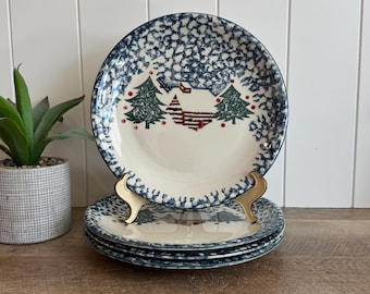 Vintage Tienshan Cabin Snow Plates | Folk Craft Spongeware Dinner Plates | Set Of 4 | Winter Christmas Tableware | Rustic Lodge Decor